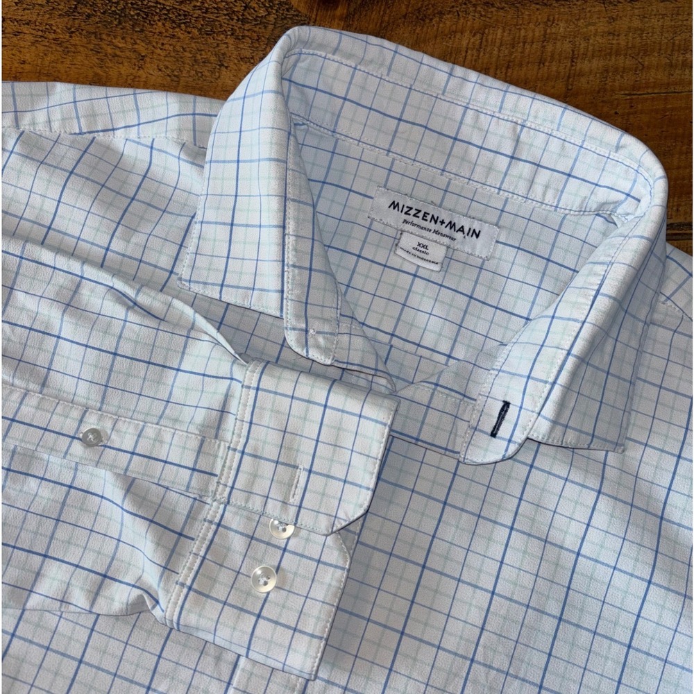 Mizzen + Main Mens Performance Long Sleeve Blue White Plaid Shirt XXL